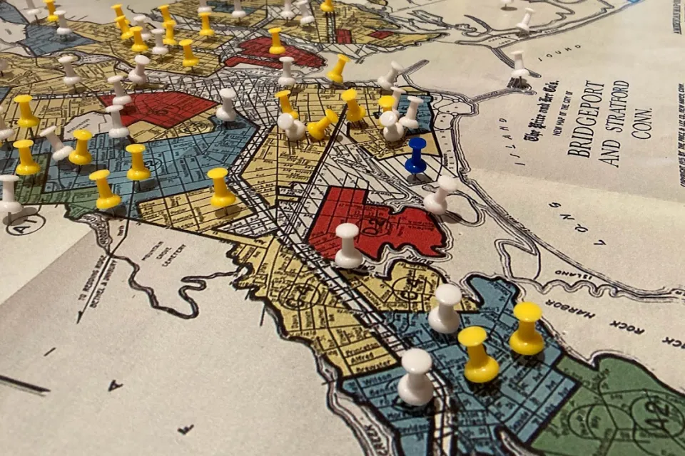 HOLC map of Bridgeport, Connecticut with yellow push pins on it
